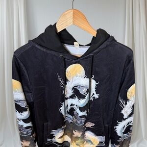 Harajuku Streetwear Black Hoodie with Embroidered Dragon Print (Unisex)